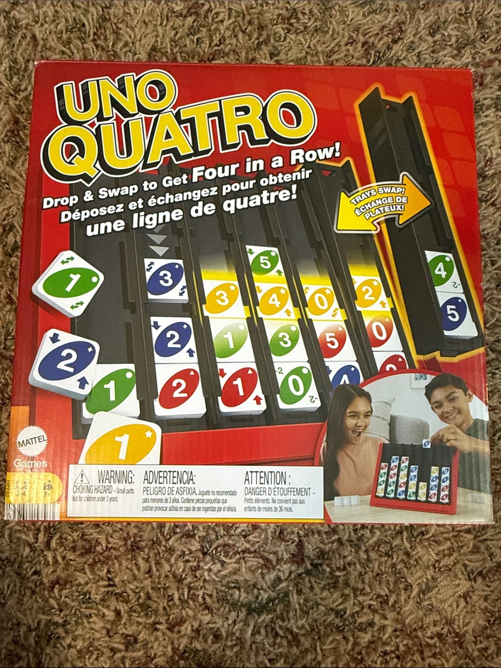 Mattel UNO Quatro Strategy Game - Red Box with Multicolor Tiles